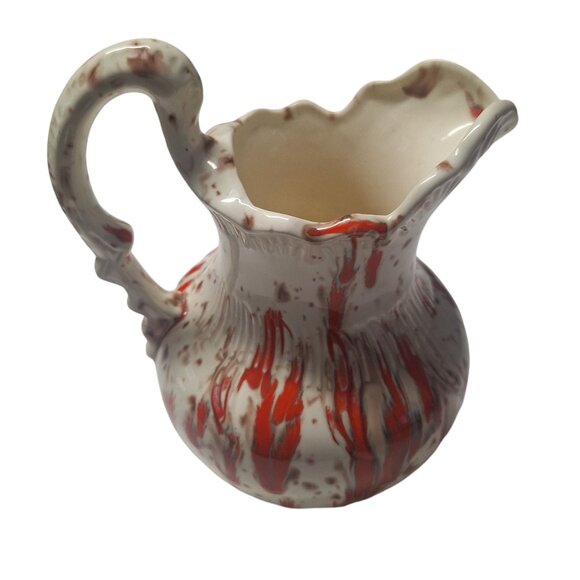 Vintage Ceramic Splatterware Pitcher Bowl Set Red White Spotted Design Drip - Picture 3 of 9